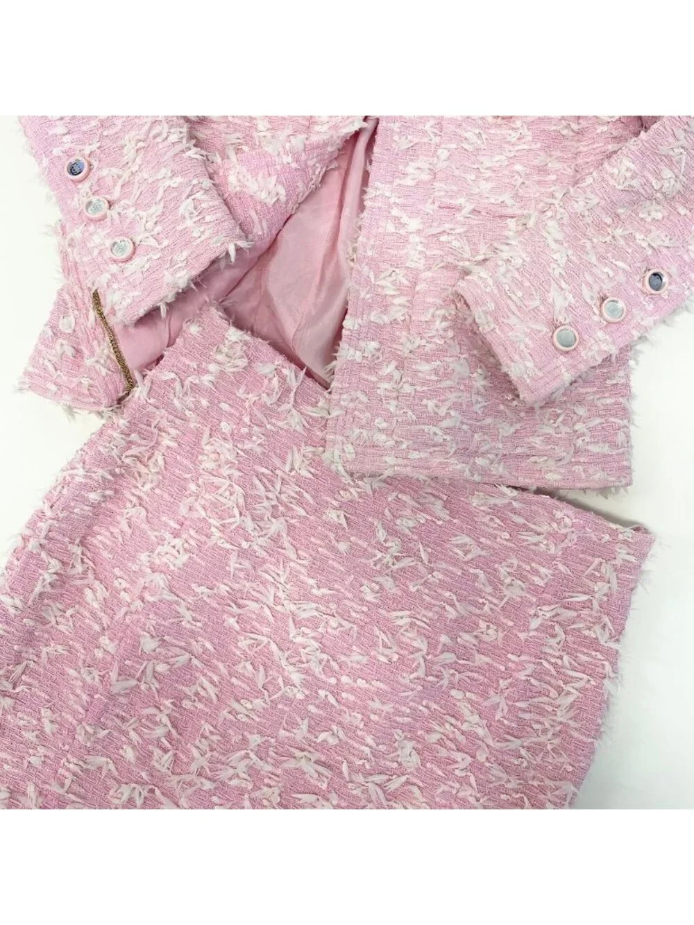 Chanel Boutique Fancy Tweed Jacket Pockets CC Logo Mirror Button Pink